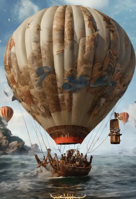 3D rendering of (The hot air balloon caught fire，Fly over the sea), The bride and groom kiss on a hot air balloon, azure sea, White waves crash against the rocks, Reflection of a hot air balloon, beautiful sky,close up photograph,Photography,Clear facial f...