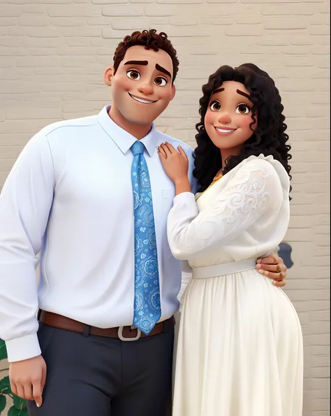 Casal estilo Disney Pixar, sorriso, pele morena, cabelo cacheado, curly hair, melhor qualidade, boa qualidade