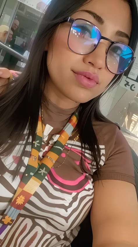 A closeup of a woman wearing glasses and a zebra print shirt, imagem de perfil, 18 anos, 2 3 anos, 2 2 anos, imagem de qualidade muito baixa, wearing a colorful coogi sweater, thick lips, Alanis Guillen, 2 7 anos, 21 anos, foto do perfil, Vestido casualmen...