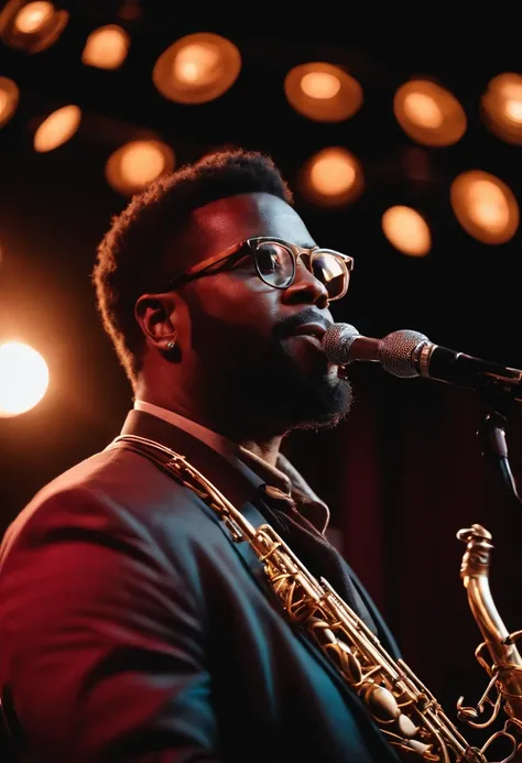 A handsome 40-year-old black saxophonist musician with no beard with rectangular glasses and left ear earring at a stage show with a band with lighting, estilo Disney Pixar