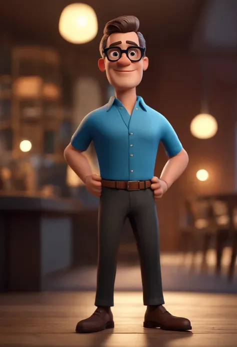 Cartoon character of a man with black glasses and a blue shirt, animation character, Caractere estilizado, animation style rendering, 3D estilizado, Arnold Maya render, 3 d render stylized, toon render keyshot, Personagem 3D, Personagem 3D, 3d rendering st...