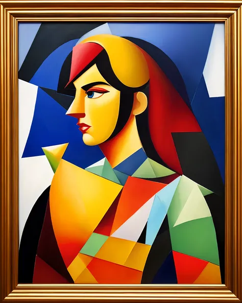 Create a framed painting depicting a god of mythology in profile in the Cubism movement