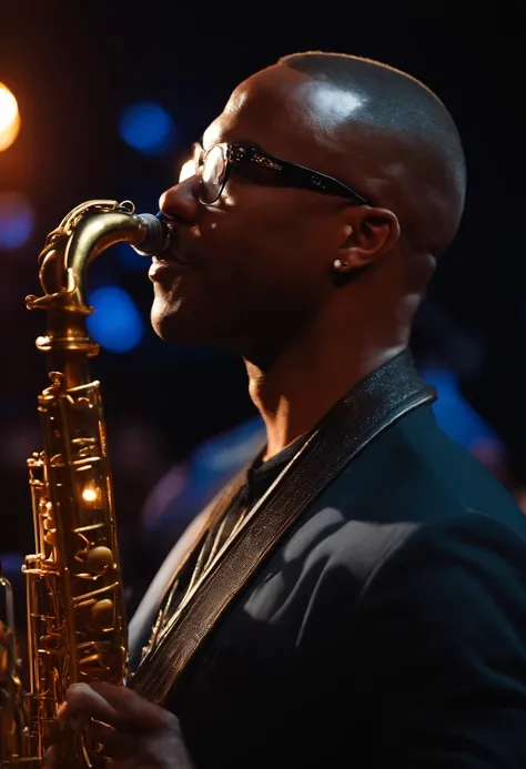 (a handsome) black bald 40-year-old saxophonist musician (with no beard), (with rectangular glasses and an earring on the left ear), performing on stage with a band under Disney Pixar-style lighting.