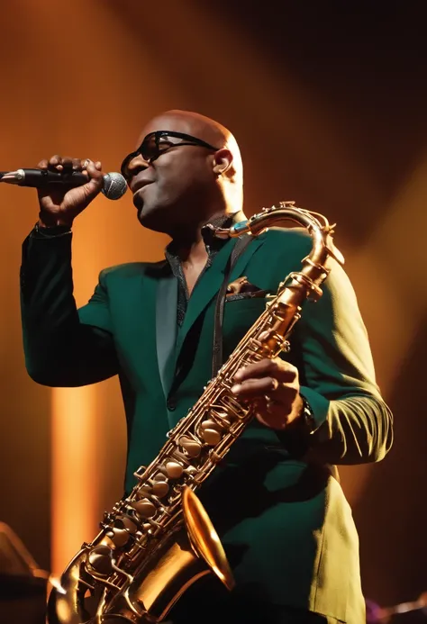 (a handsome) black bald 40-year-old saxophonist musician (with no beard), (with rectangular glasses and an earring on the left ear), performing on stage with a band under Disney Pixar-style lighting.