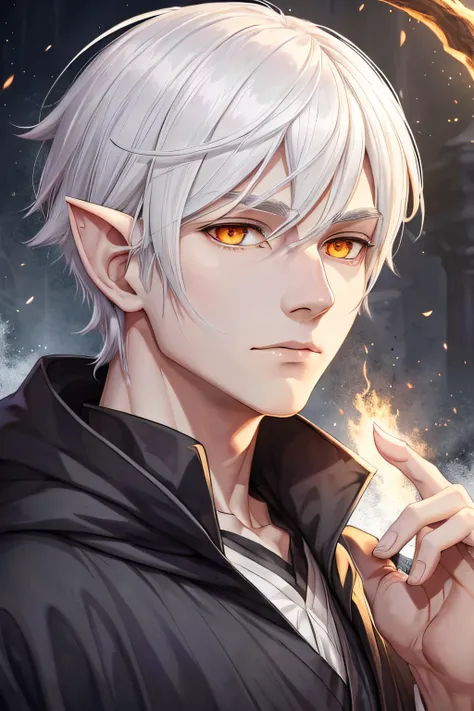 Full body portrait of a Half-elf with cloudy white hair hair, orange eyes, and a pale complexion. Hes built scrawny but not thin. His face is circular in shape, his nose is thin and button like, his lips are full yet compact, his ears are pointed but no di...