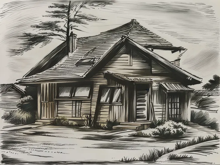 Drawing of a house with a tree and a fence in front, caneta e tinta sobre papel, caneta e tinta, detalhado, but rough, estilo de caneta e tinta, desenhado em caneta de ponta fina, illustration in pen an ink, illustration in pen an ink, caneta & desenho a t...