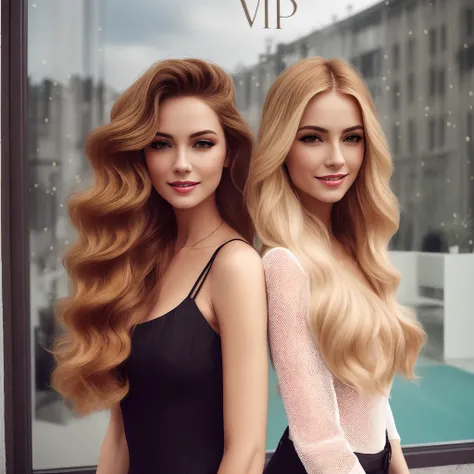 two Happy smiling  beautiful women with long blonde hair standing next to each other, long blonde or red hair, long luxurious light blond hair, glam hair, appealing long hair, long glowing ethereal hair, long wavy blond hair, elegant hair, long luxurious b...