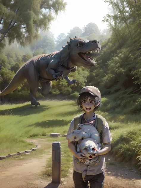 boy in park chased by t-rex.