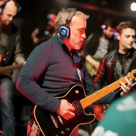 Create a pixar-style image of a man playing guitar together with a group of other guitarists at a concert against a background of a packed stadium.