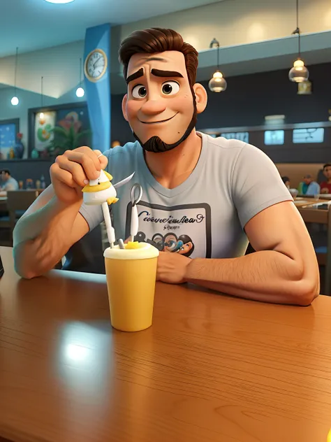 Poster no estilo Disney pixar, alta qualidade, melhor qualidade, homem sexy branco, 30 anos cabelo grisalho barba preta, musculoso, com fundo em um restaurante a luz de velas