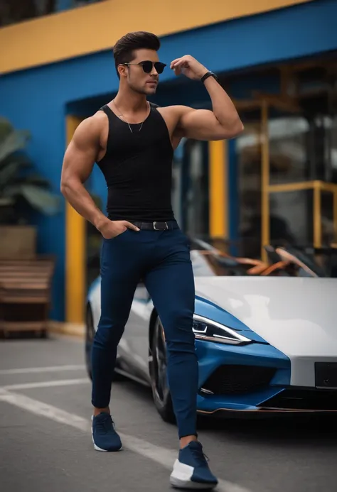 Image of a young man in a black shirt and blue pants and sunglasses for a story in a YouTube video in Pixar format, ele esta em frente a sua empresa de fachada azul com o nome speed car pneus, Hes the class leader, Hes outgoing, Playful and gets up for a l...