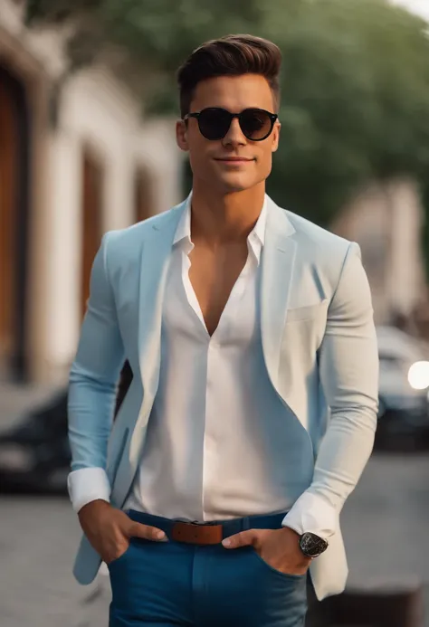 Image of a young man in a black shirt and blue pants and sunglasses for a story in a YouTube video in Pixar format, ele esta em frente a sua empresa de fachada azul com o nome speed car pneus, Hes the class leader, Hes outgoing, Playful and gets up for a l...