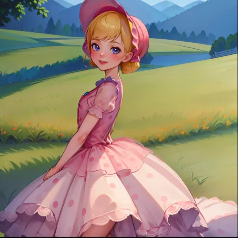 (bopeepwaifu:1), smile, cute, cute pose, looking at viewer, thick thighs, :d, (pink dress, long skirt, polka dot, puffy short sl...