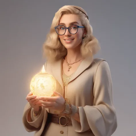 Visual arts teacher, blonde, medium hair, brown eyes, small mouth, wears beige glasses, big has a white and beige dog, loves esoteric things like witches, gnomes, tarot cards, and esoteric stones