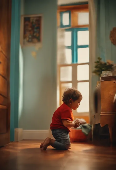 A smiling child playing alone in his room.