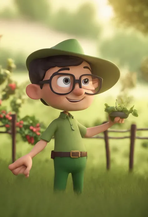 Cartoon character of a man with black glasses and a dark green shirt in field farming and holding soil, animation character, Caractere estilizado, animation style rendering, 3D estilizado, Arnold Maya render, 3 d render stylized, toon render keyshot, Perso...