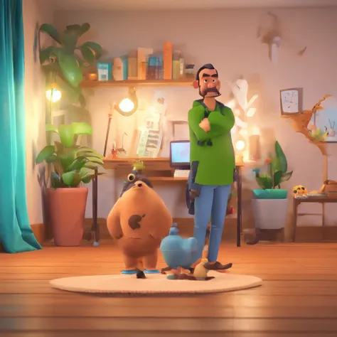 Criar um personagem no estilo Pixar. Trata-se de um homem de 30 anos, com barba falha, moreno, He was of Indian descent, com cabelos escuro. Ele deve estar na frente de um computador, Trabalhar como designer