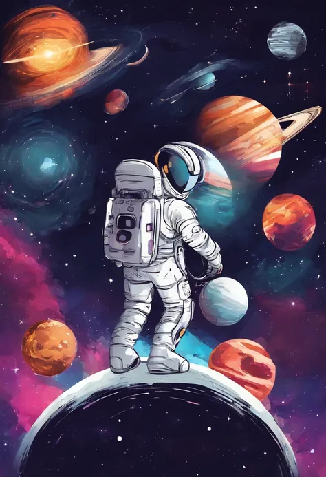 Um astronauta, com roupa espacial, vagando pelo universo, passando perto do planeta saturno. plano de fundo sistema solar, alta resolução, melhor qualidade