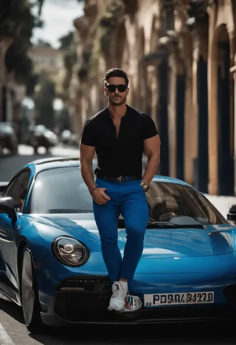 Image of a man in a black shirt and blue pants and sunglasses for a story in a Pixar YouTube video, ele esta em frente a sua empresa de fachada azul com o nome speed car pneus (mostrar nome)