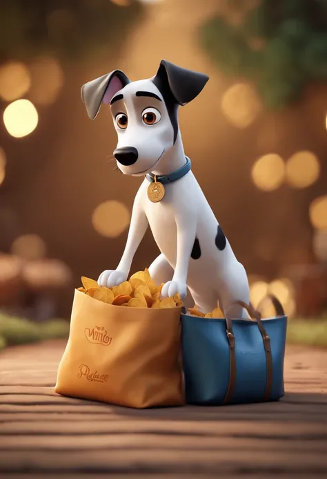 Pixar poster with the title of Ariat and his adventures, White Jack Russel Dog with Black Ears and Eyes with a Bag of Chips, animation character, Caractere estilizado, animation style rendering, 3D estilizado, Arnold Maya render, 3 d render stylized, toon ...