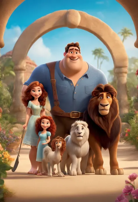 a Disney Pixar movie poster showing a white-skinned family. The father is the tallest, Tem barba curta, loiro, cabelos curtos e espinhosos. The mother has brown eyes and hair, shoulder-length and is slightly overweight. A menina tem 4 anos e cabelos castan...