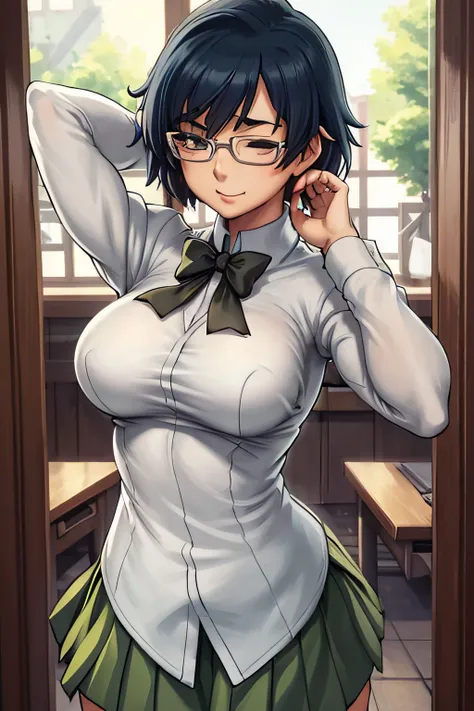 (best quality), (masterpiece), Shizune, school uniform, green skirt, untied black ribbon, white shirt, indoors, looking at viewer, head tilted back, eyes closed, mischievous expression, very busty, fully unbuttoned shirt, both hands behind head, upper body...