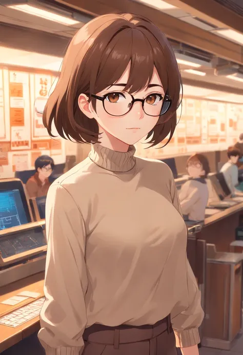 A woman with white skin color and brown hair, long brown eyes and glasses in a turtleneck blouse with pants