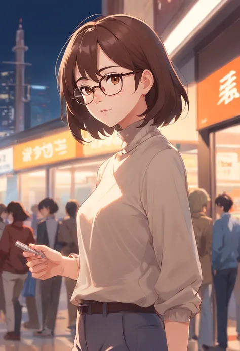 A woman with white skin color and brown hair, long brown eyes and glasses in a turtleneck blouse with pants