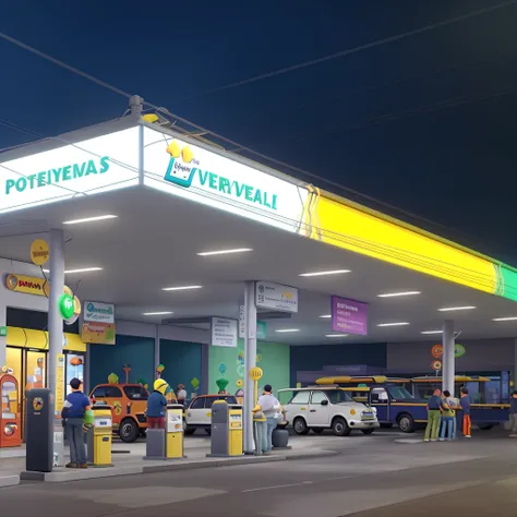 Um posto de combustiveis estilo diney pixar,imagem em alta qualidade, fachada em cores amarelo e verde