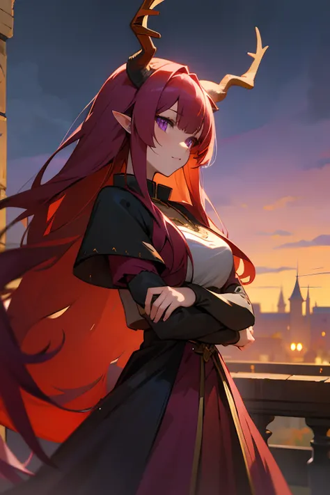 Anime girl with deer horns, dragon girl, red long hairs and purple eyes, medieval dress, medieval city at night, supersharp, extra detalied picture, anime fanart, 8k, masterpiece