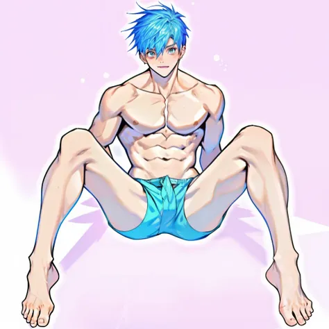 legs separated，sitted，Face the line of sight，Raise your legs high，Libido boy，frontage，Vene，Positively，tight swimming trunks，Exquisite graphics，super high image quality，CRIT