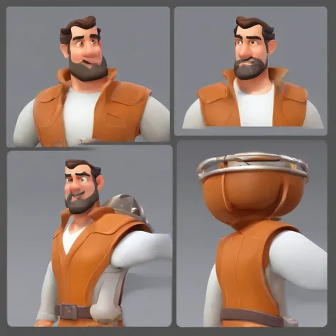 Criar um personagem no estilo Pixar. Trata-se de um homem de 45 anos, com barba, Branco, com cabelos castanhos curtos e um quiff, e olhos castanhos. Ele deve estar em uma obra de engenharia e usando capacete branco