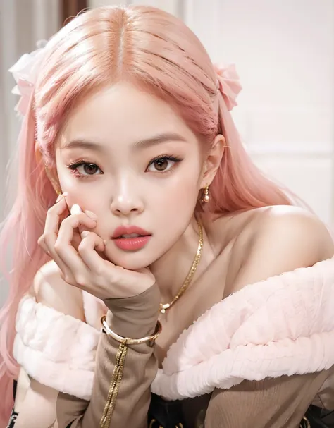 un primer plano de una mujer con un lazo rosa en la cabeza, jennie de blackpink, jisso de blackpink, jisoo de blackpink, retrato...