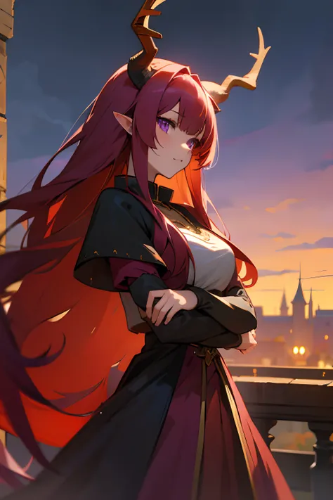 Anime girl with deer horns, dragon girl, red long hairs and purple eyes, medieval dress, medieval city at night, supersharp, extra detalied picture, anime fanart, 8k, masterpiece