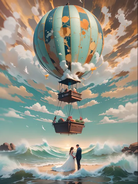 3D rendering of (The hot air balloon caught fire，Fly over the sea), The bride and groom kiss on a hot air balloon, azure sea, White waves crash against the rocks,, beautiful sky
,Photography,Clear facial features,concept art of character,A beautiful painti...