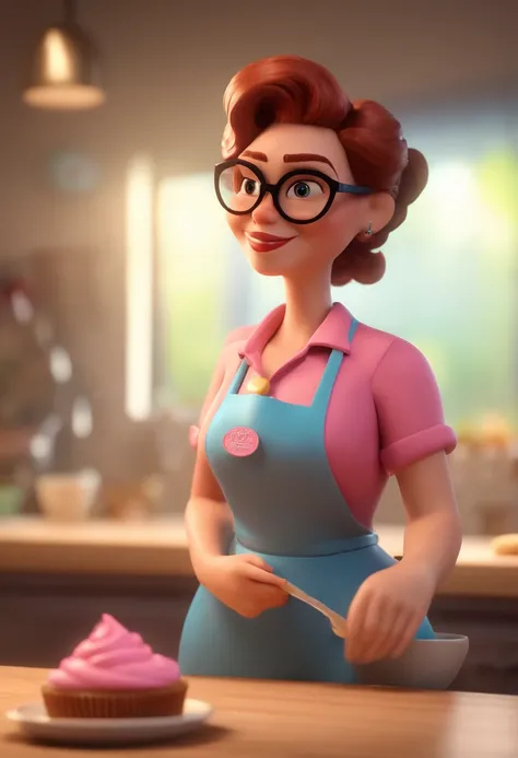 Cartoon character of a woman with black glasses and a pink pastry apron, com tatuagens de cupcakes, animation character, Caractere estilizado, animation style rendering, 3D estilizado, Arnold Maya render, 3 d render stylized, toon render keyshot, Personage...