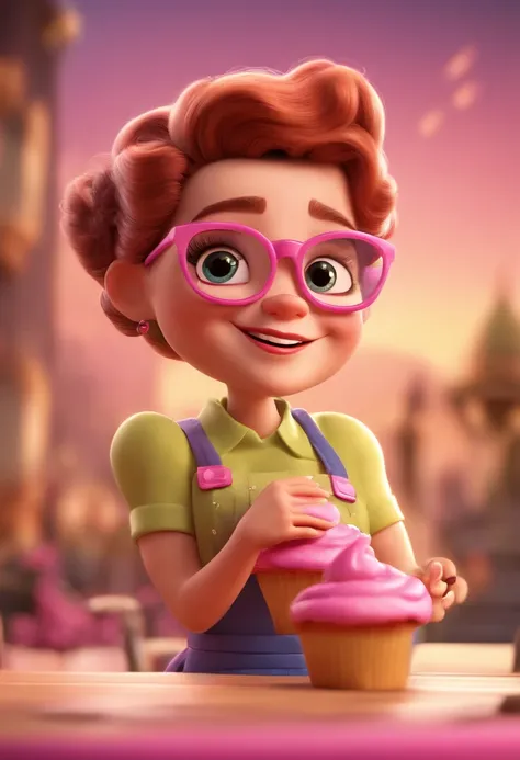 Cartoon character of a woman with black glasses and a pink pastry apron, com tatuagens de cupcakes, animation character, Caractere estilizado, animation style rendering, 3D estilizado, Arnold Maya render, 3 d render stylized, toon render keyshot, Personage...