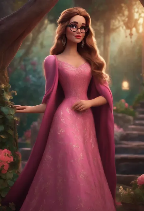 A woman with white skin, long hair and brown with pink Pixar Disney dress glasses