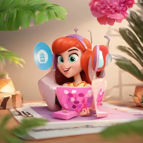 Crie um cartaz inspirado na Disney Pixar com o personagem Mulhuer morena, cabelos enrrolados nas cores roxa e rosa, olhos castanhos claros, em um estudio de pod cast, sentada em uma cadeira, na sua frente um microfone, ela esta usando fone de ouvido, com u...