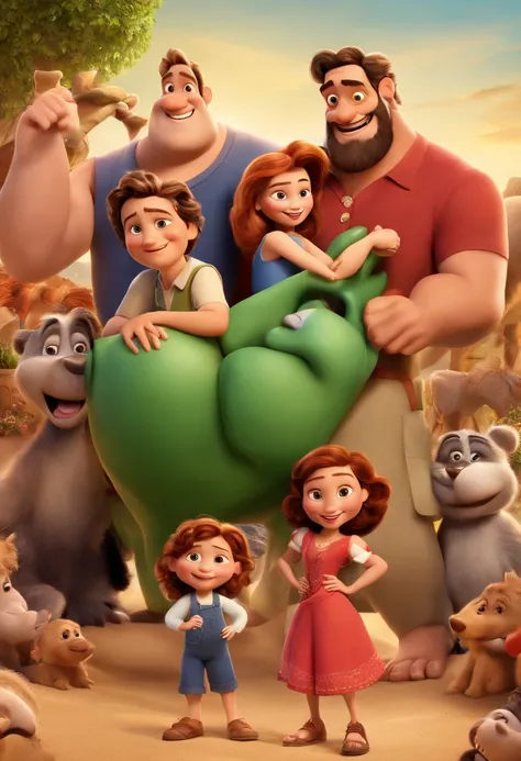 a Disney Pixar movie poster showing a white-skinned family. The father is the tallest, Tem barba curta, loiro, cabelos curtos e espinhosos. The mother has brown eyes and hair, shoulder-length and is slightly overweight. A menina tem 4 anos e cabelos castan...