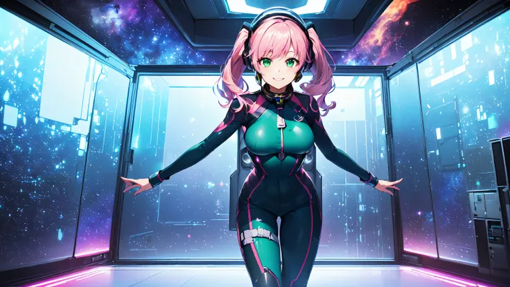 hd ​masterpiece, anime girl, 1girl ((20year old, dressed in a tight futuristic bodysuit, boots, medium breasts:1.3, multicolor pink hair, twin ponytails, perfect model body:1.3, detailed green eyes:1.5, smiling, wearing futuristic space helmet, standing in...