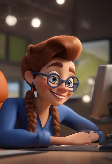 Cartoon character of a 38-year-old woman in radio studio smiling black glasses and a blue shirt, animation character, Caractere estilizado, animation style rendering, 3D estilizado, Arnold Maya render, 3 d render stylized, toon render keyshot, Personagem 3...