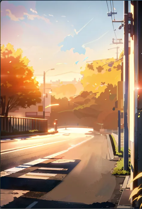 the street, Anime background art, Makoto Shinkais style, drawn in anime painter studio, in the style of makoto shinkai, detailed scenic view，anime. Soft lighting, golden hour scene, golden hour sunlight, makoto shinkai art style, anime backgrounds, made wi...