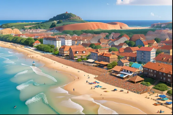 Obra-prima, de melhor qualidade, POSTER IN THE STYLE OF THE PIXAR DISNEY With the title BEACH OF THE ENGLISH. The beach has crystal clear waters and people having fun, In the background the city with buildings and houses on a sunny day