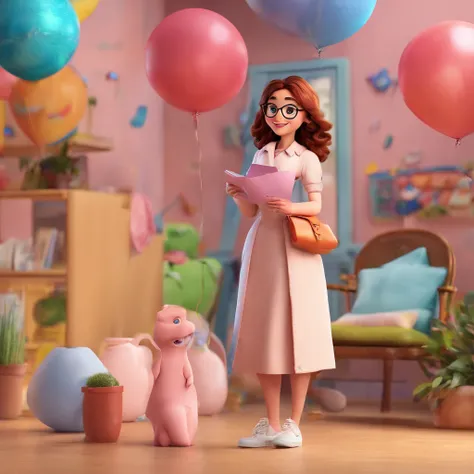 Create a Disney Pixar-inspired poster with the character being A woman with white skin, long brown hair with glasses in a pink high-heeled dress