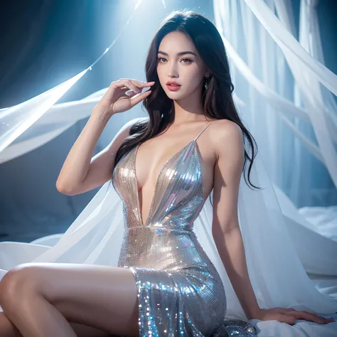 a woman in a white dress posing for a picture, diamond shimmering dress, beauty woman in holograms, portrait of megan fox as a queen, megan fox as beautiful mountains, portrait of sofia vergara, light dress, hot gown, mercury dress, wearing translucent she...