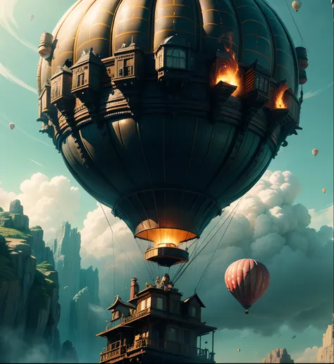 A boat suspended from a hot air balloon, There was a man on board，Steampunk hot air balloons, hot air balloon, 火焰,Incredible visuals, stunning vfx, fantasy movie still, Epic VFX shots，Pile of flames