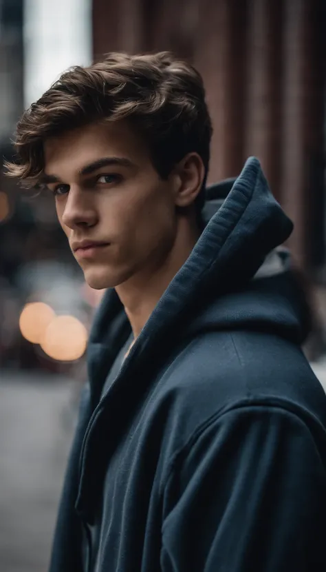 Portrait of a handsome male model in downtown Toronto in the afternoon, 18 ans, hoodie, sans barbe, with short wavy hair, yeux bleus, thick lips