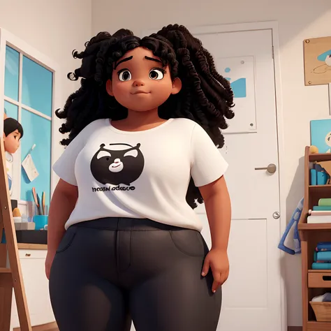 A very fat, very fat, white girl with very curly black hair, does not have bangs in her hair and has black eyes.  Usa uma blusa colorida short preto e casaco branco. Fone de ouvido branco. Hes in his studio drawing