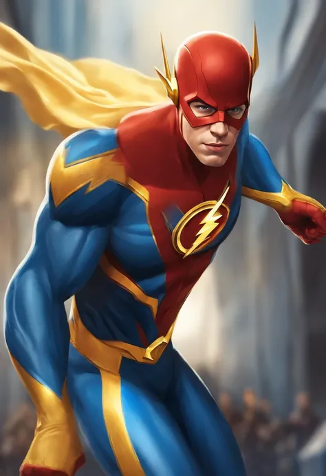 I want a drawing of a blue superhero that looks like the flash but with his blue and yellow clothing color coming out of it , Estilo Pixar, ......3d, desenhos animados, rosto detalhado, asymmetrical 16k